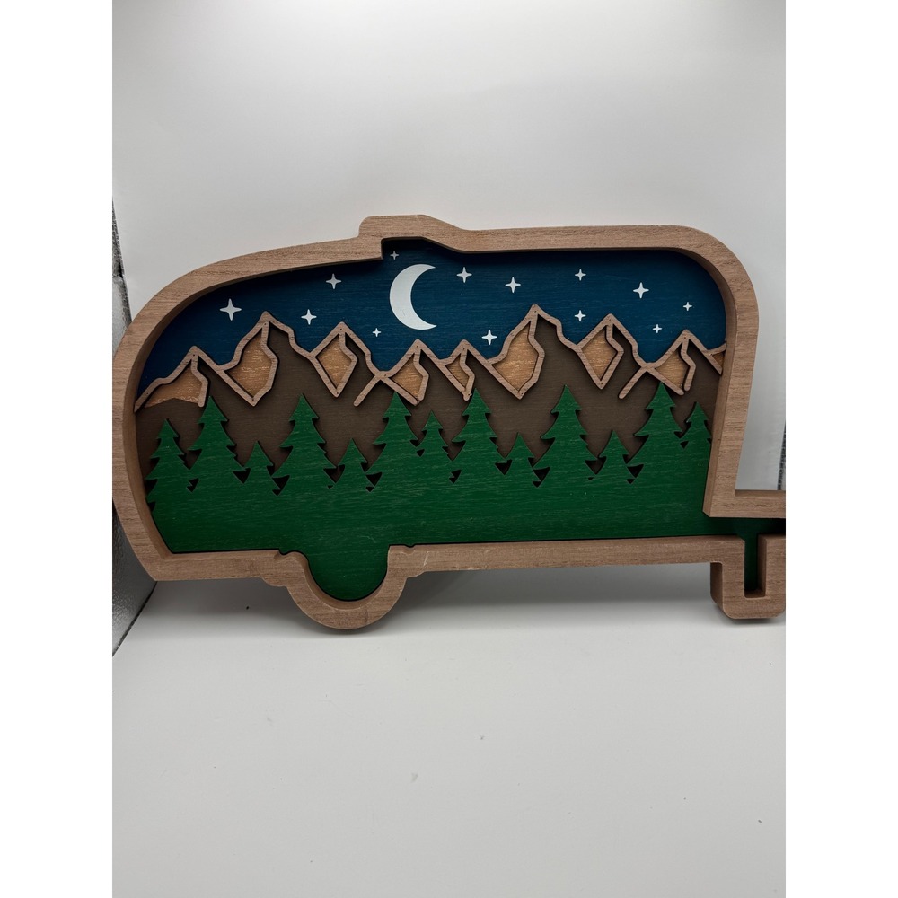 Young's Rustic 3D Layered Wood Camper Wall Art Mountain Forest Night Scene NEW